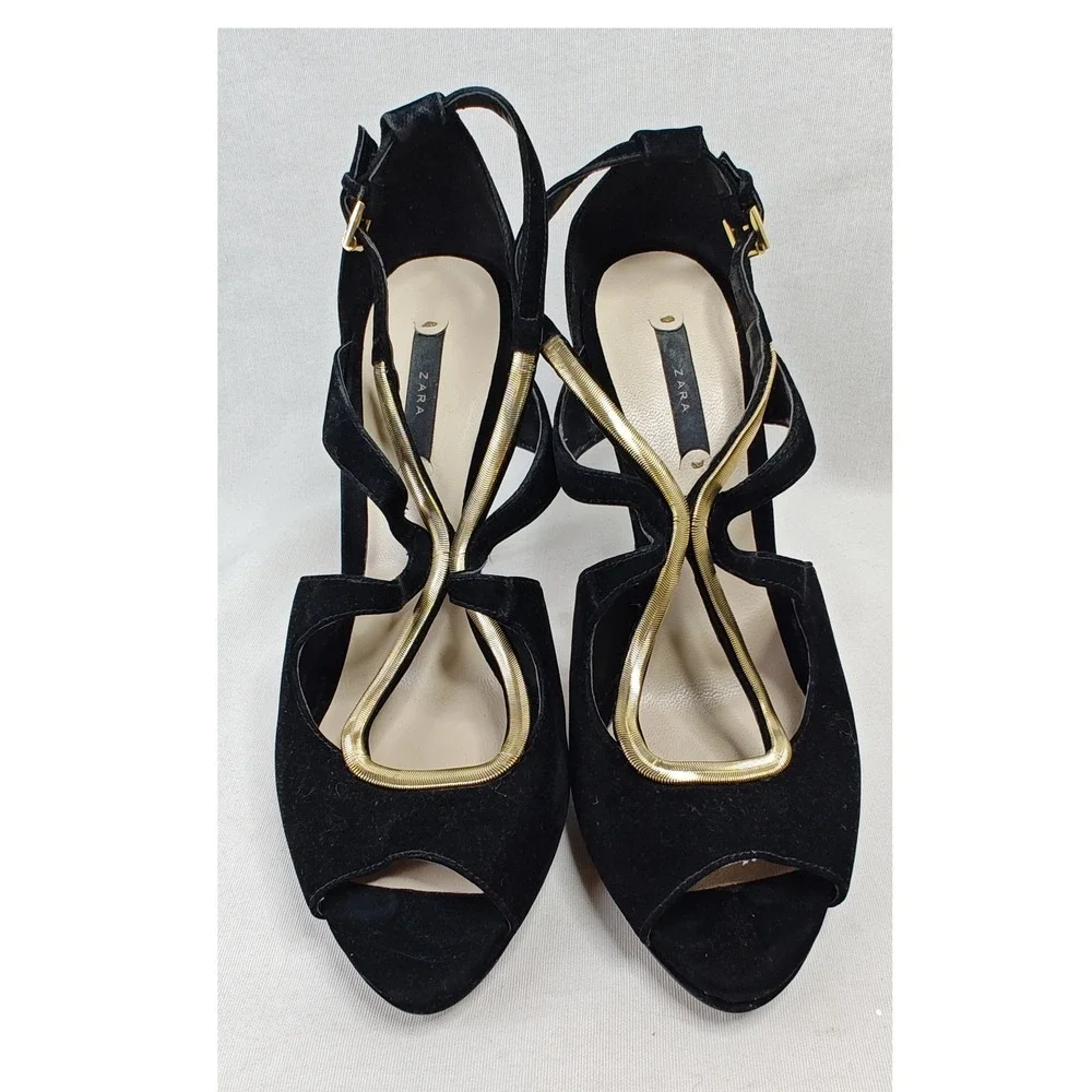 Zara Platform‎ Heels EU 40 Black Gold Snake Chain Strappy Peep Toe Red Sole